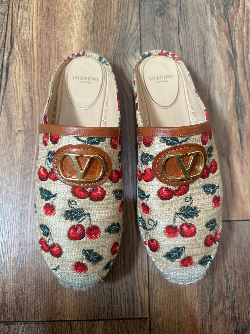 Valentino Garavani Beige Raffia Mules with Red Cherry Print & Brown Trim